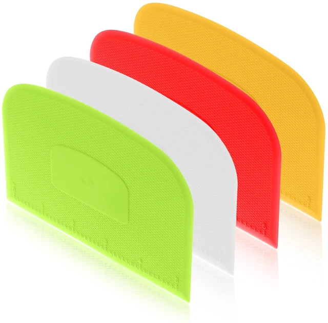 Main image of 4 Piece Plastic Dough Scraper Bowl Scraper Flexible Multipurpose Food Spatula Plastic Daigh Cutter for Bread Cake Dough Fondant Icing (White, Green, Yellow, Red)