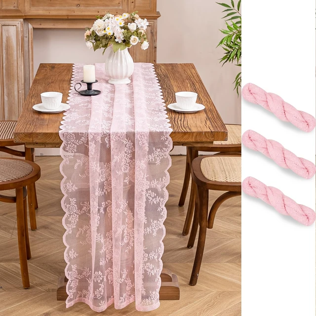 Alt view image 2 of 7 - Pink Lace Table Runner with Floral Embroidered (1pcs, 28x118) | Wedding Decor, 10ft, Valentine's Day Decor, Home Dining Party Decor, Backdrop, Sewing Lace Fabric, Floral Pattern, DIY Crafts