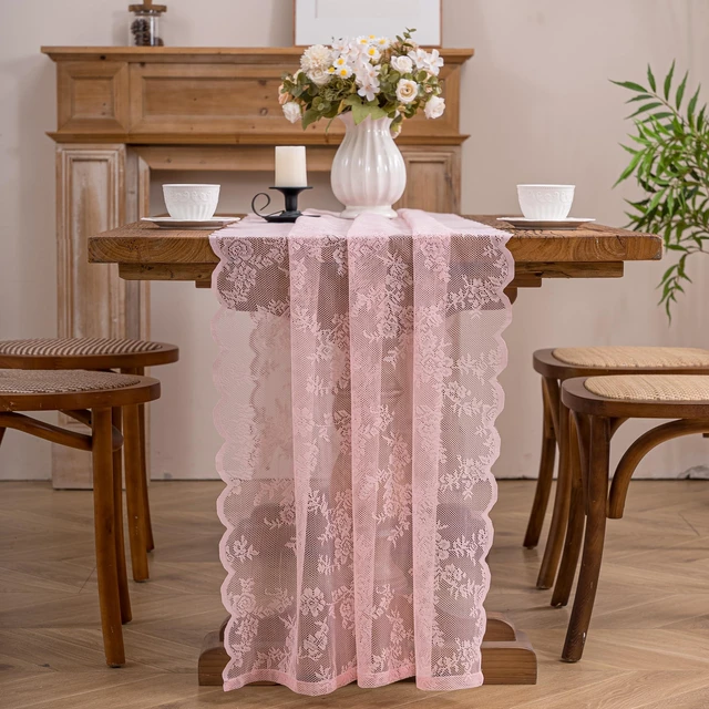 Main image of Pink Lace Table Runner with Floral Embroidered (1pcs, 28x118) | Wedding Decor, 10ft, Valentine's Day Decor, Home Dining Party Decor, Backdrop, Sewing Lace Fabric, Floral Pattern, DIY Crafts