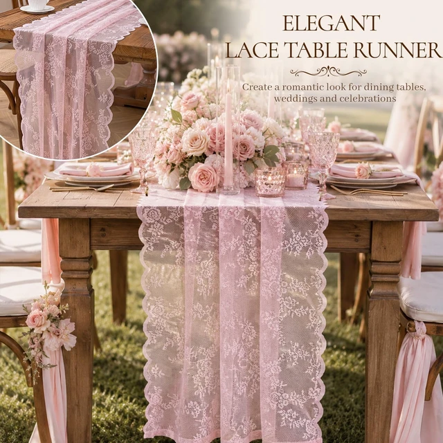 Alt view image 3 of 7 - Pink Lace Table Runner with Floral Embroidered (1pcs, 28x118) | Wedding Decor, 10ft, Valentine's Day Decor, Home Dining Party Decor, Backdrop, Sewing Lace Fabric, Floral Pattern, DIY Crafts