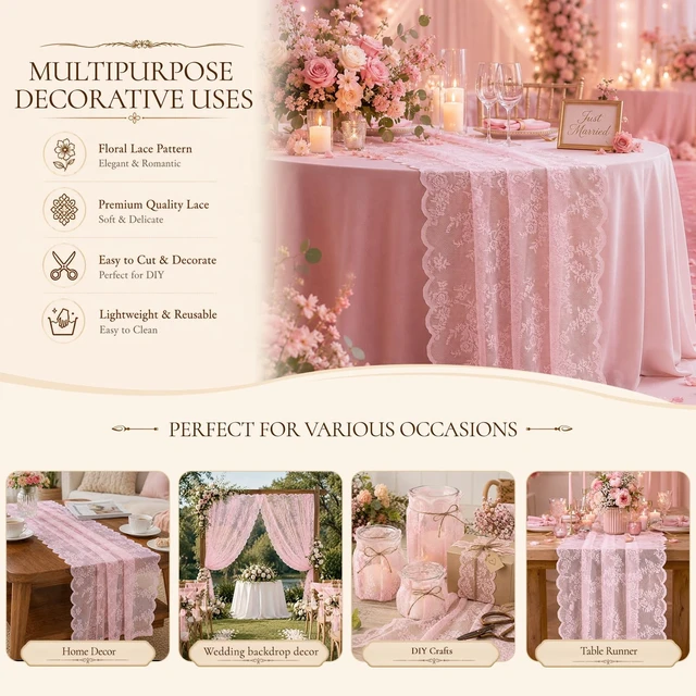 Alt view image 4 of 7 - Pink Lace Table Runner with Floral Embroidered (1pcs, 28x118) | Wedding Decor, 10ft, Valentine's Day Decor, Home Dining Party Decor, Backdrop, Sewing Lace Fabric, Floral Pattern, DIY Crafts