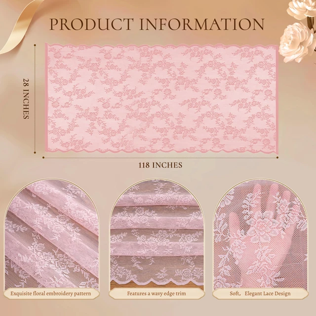 Alt view image 6 of 7 - Pink Lace Table Runner with Floral Embroidered (1pcs, 28x118) | Wedding Decor, 10ft, Valentine's Day Decor, Home Dining Party Decor, Backdrop, Sewing Lace Fabric, Floral Pattern, DIY Crafts