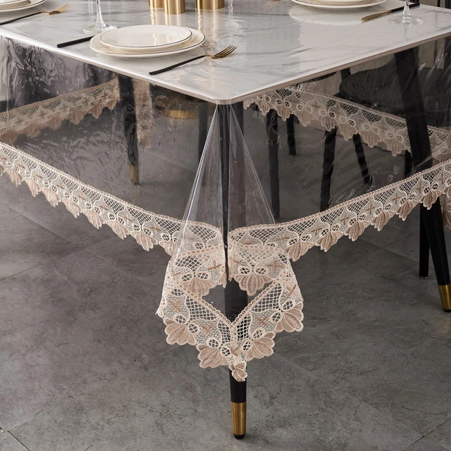 Main image of Clear Tablecloth Protector, 0.15mm Heavy Duty Waterproof Vinyl Table Cover with Elegant Lace Trim, Crystal Clear Oilproof Wipeable Reusable Rectangle Tablecloths for Dining Table, 60 x 84 Inch