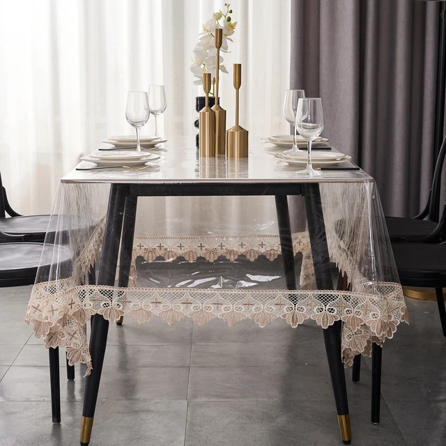 Alt view image 4 of 7 - Clear Tablecloth Protector, 0.15mm Heavy Duty Waterproof Vinyl Table Cover with Elegant Lace Trim, Crystal Clear Oilproof Wipeable Reusable Rectangle Tablecloths for Dining Table, 60 x 84 Inch