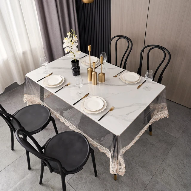 Alt view image 5 of 7 - Clear Tablecloth Protector, 0.15mm Heavy Duty Waterproof Vinyl Table Cover with Elegant Lace Trim, Crystal Clear Oilproof Wipeable Reusable Rectangle Tablecloths for Dining Table, 60 x 84 Inch