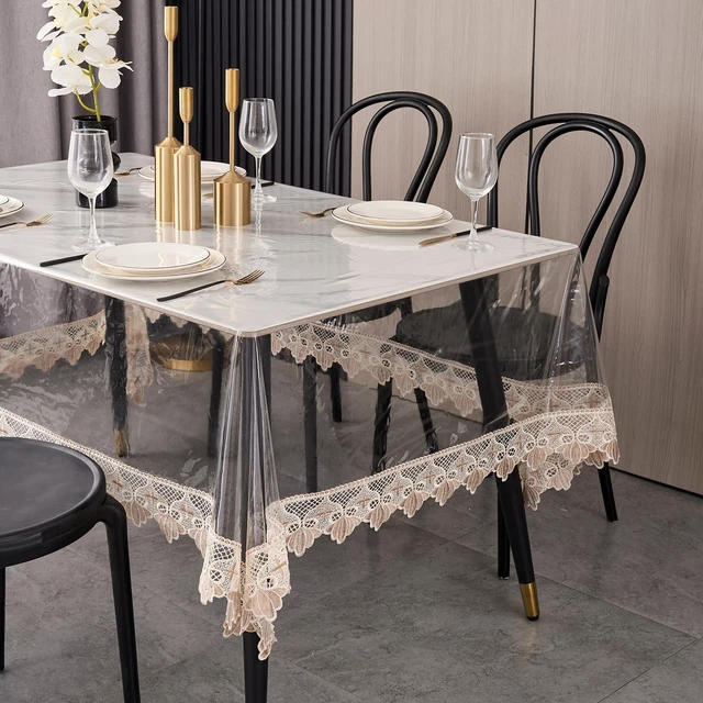 Alt view image 7 of 7 - Clear Tablecloth Protector, 0.15mm Heavy Duty Waterproof Vinyl Table Cover with Elegant Lace Trim, Crystal Clear Oilproof Wipeable Reusable Rectangle Tablecloths for Dining Table, 60 x 84 Inch