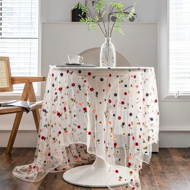 Main image of Handmade Floral Embroidery Lace Tablecloth Overlay, Vintage Embroidered Tulle Round Square Table Runner for Weddings Parties,Summer Dining Decor, Holiday Home Table Cover,Summer Clearance(59"x39")