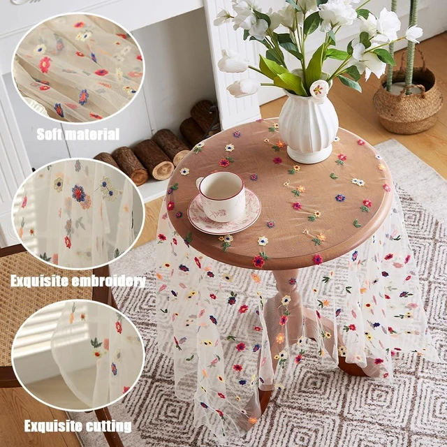 Alt view image 3 of 7 - Handmade Floral Embroidery Lace Tablecloth Overlay, Vintage Embroidered Tulle Round Square Table Runner for Weddings Parties,Summer Dining Decor, Holiday Home Table Cover,Summer Clearance(59"x39")