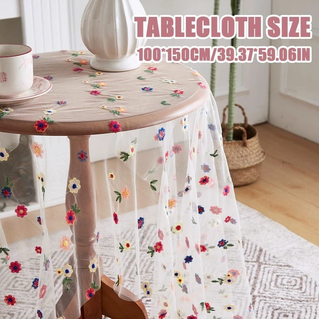 Alt view image 2 of 7 - Handmade Floral Embroidery Lace Tablecloth Overlay, Vintage Embroidered Tulle Round Square Table Runner for Weddings Parties,Summer Dining Decor, Holiday Home Table Cover,Summer Clearance(59"x39")