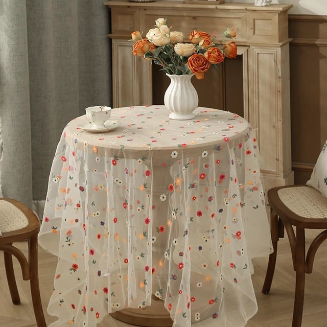 Alt view image 6 of 7 - Handmade Floral Embroidery Lace Tablecloth Overlay, Vintage Embroidered Tulle Round Square Table Runner for Weddings Parties,Summer Dining Decor, Holiday Home Table Cover,Summer Clearance(59"x39")