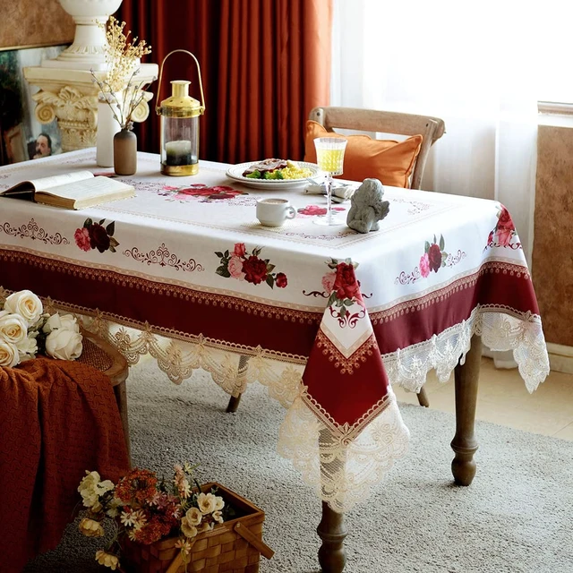 Alt view image 2 of 6 - Lace Tablecloth Rectangular 60"x120" Burgundy Rose Table Cover | Farmhouse Embroidery Macrame Table Cloth Classic Oblong Floral Retro Country Decor for Home Holiday Dining Table 10-12 seats