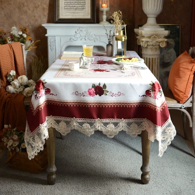 Alt view image 5 of 6 - Lace Tablecloth Rectangular 60"x120" Burgundy Rose Table Cover | Farmhouse Embroidery Macrame Table Cloth Classic Oblong Floral Retro Country Decor for Home Holiday Dining Table 10-12 seats