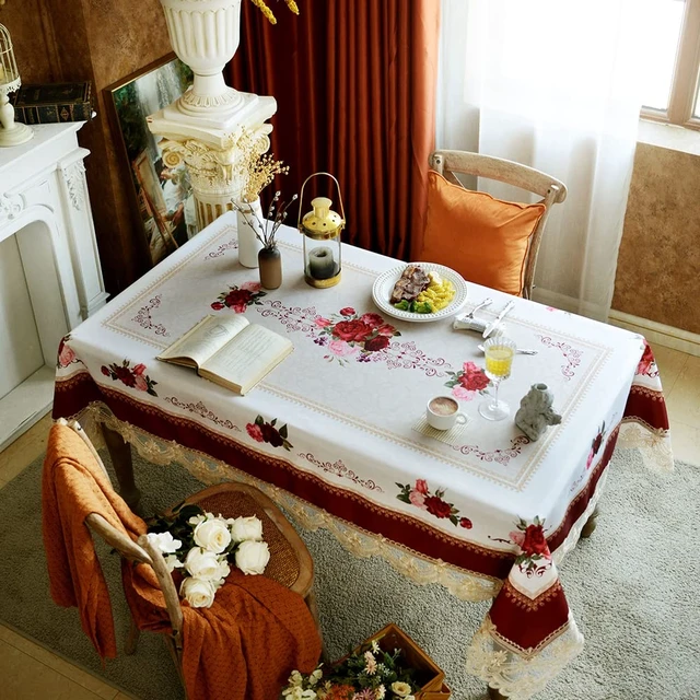 Alt view image 6 of 6 - Lace Tablecloth Rectangular 60"x120" Burgundy Rose Table Cover | Farmhouse Embroidery Macrame Table Cloth Classic Oblong Floral Retro Country Decor for Home Holiday Dining Table 10-12 seats