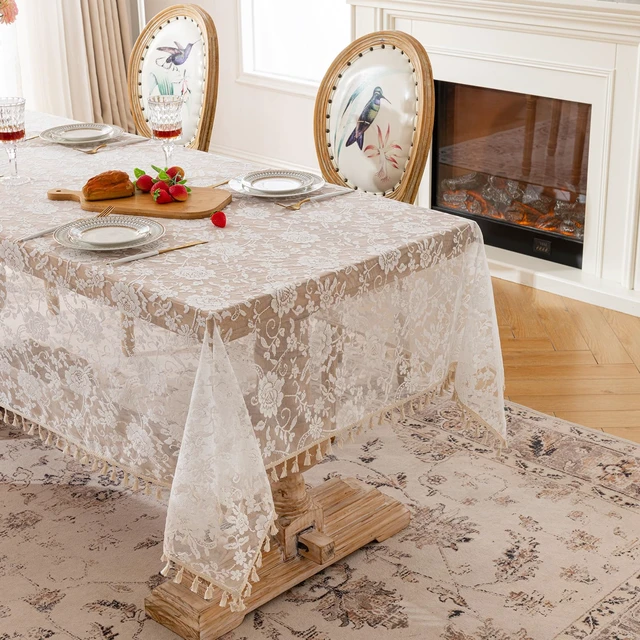 Alt view image 3 of 7 - Lace Tassels Rose Floral Rectangle Table Cloth Cover 55x70inch | Stain Wrinkle Resistant Polyester Tablecloth, Machine Washable Table Tover, Indoor Outdoor Dining Parties Kitchen Decor