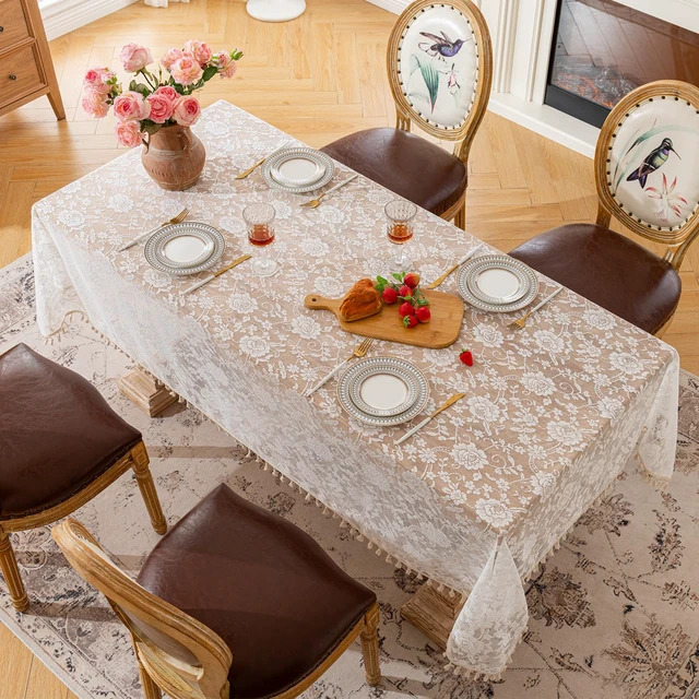 Alt view image 5 of 7 - Lace Tassels Rose Floral Rectangle Table Cloth Cover 55x70inch | Stain Wrinkle Resistant Polyester Tablecloth, Machine Washable Table Tover, Indoor Outdoor Dining Parties Kitchen Decor