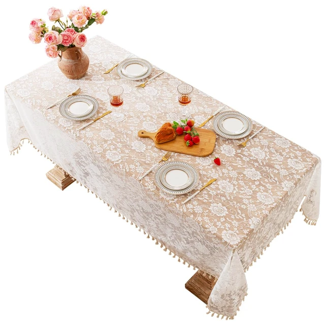 Alt view image 4 of 7 - Lace Tassels Rose Floral Rectangle Table Cloth Cover 55x70inch | Stain Wrinkle Resistant Polyester Tablecloth, Machine Washable Table Tover, Indoor Outdoor Dining Parties Kitchen Decor