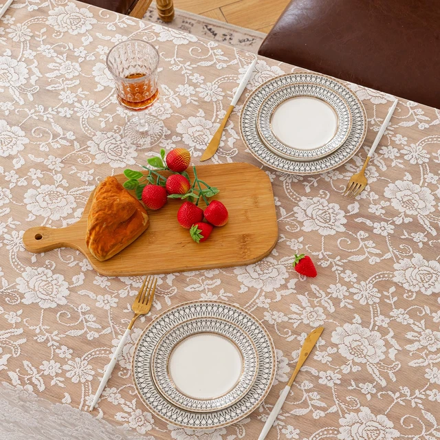 Alt view image 6 of 7 - Lace Tassels Rose Floral Rectangle Table Cloth Cover 55x70inch | Stain Wrinkle Resistant Polyester Tablecloth, Machine Washable Table Tover, Indoor Outdoor Dining Parties Kitchen Decor