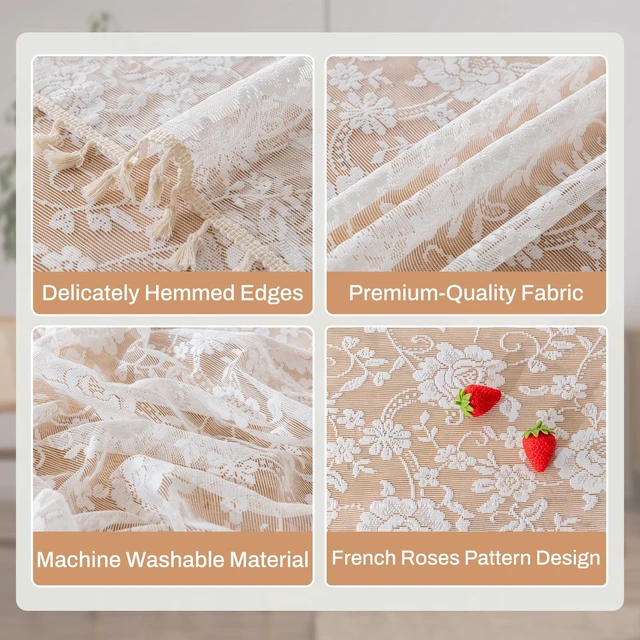 Alt view image 2 of 7 - Lace Tassels Rose Floral Rectangle Table Cloth Cover 55x70inch | Stain Wrinkle Resistant Polyester Tablecloth, Machine Washable Table Tover, Indoor Outdoor Dining Parties Kitchen Decor