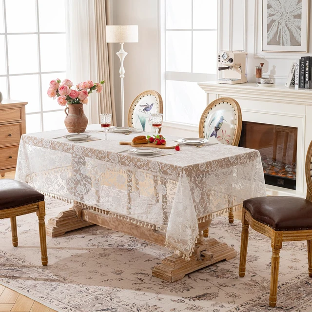 Alt view image 7 of 7 - Lace Tassels Rose Floral Rectangle Table Cloth Cover 55x70inch | Stain Wrinkle Resistant Polyester Tablecloth, Machine Washable Table Tover, Indoor Outdoor Dining Parties Kitchen Decor