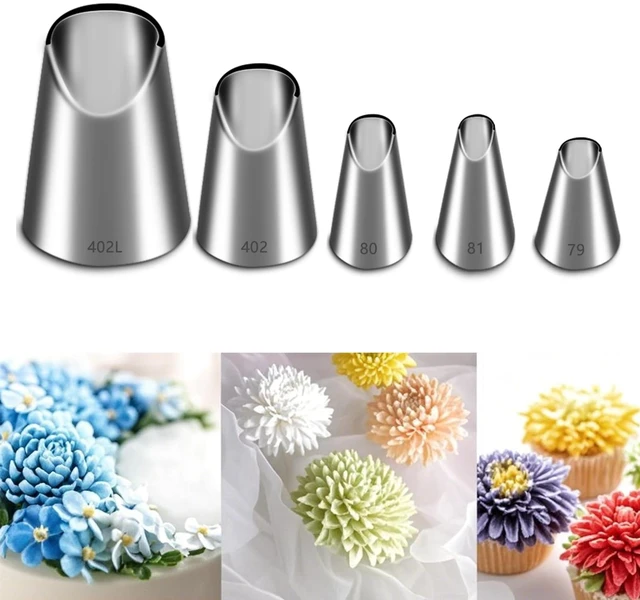 Main image of 5 Pieces Chrysanthemum Piping Tips Set | Stainless Steel, Cake Decorating Tips, Frosting Icing Tips, 402L 402 79 80 81