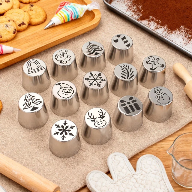 Alt view image 5 of 7 - 25 Pcs Extra Large Christmas Frosting Icing Tips Set | 13 XXL Christmas Frosting Piping Tips, 10 Disposable Pastry Bags, 1 Cleaning Brush, 1 Small Russian Icing Tips