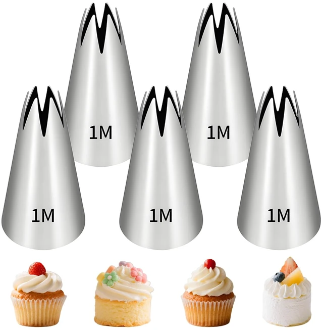 Main image of 5 Pcs 1m Piping Tip,Stainless Steel | Star Cupcake Pastry Tips,For Cookie And Cake Decorating, Diy Cream.