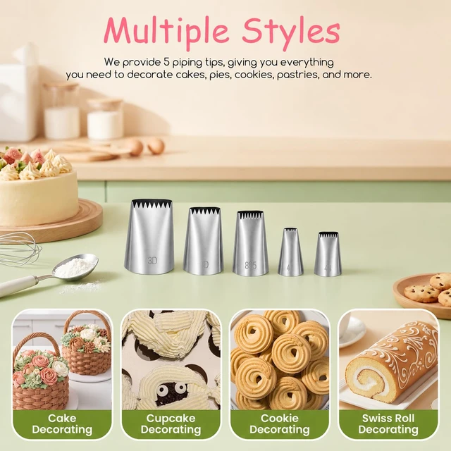 Alt view image 5 of 7 - 21PCS Extra Large Piping Tips and Bags Set, Frosting Piping Kit | Stainless Steel Jumbo Frosting Nozzles with 15 Disposable Pastry Bags for Churros Cupcake Cake Decorating