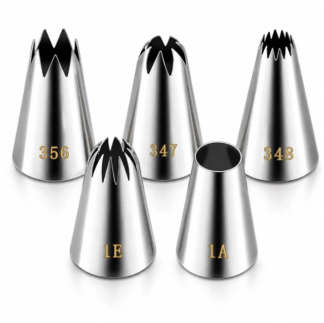 Main image of Large Piping Tips 5 Pieces,Stainless Steel Cake Decorating Nozzle Set | 1A 1E 356 347 348 Piping Tips For Cakes,Cupcakes,Cookies
