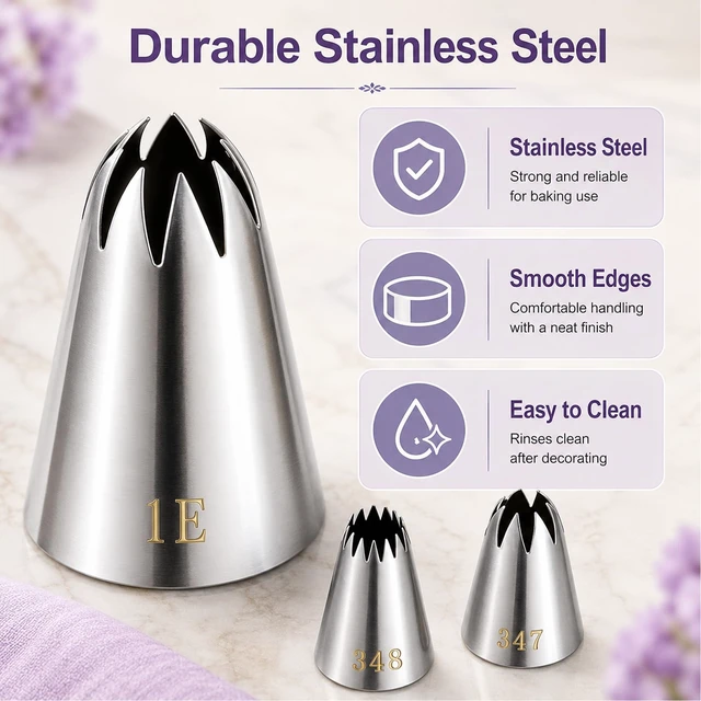 Alt view image 6 of 6 - Large Piping Tips 5 Pieces,Stainless Steel Cake Decorating Nozzle Set | 1A 1E 356 347 348 Piping Tips For Cakes,Cupcakes,Cookies