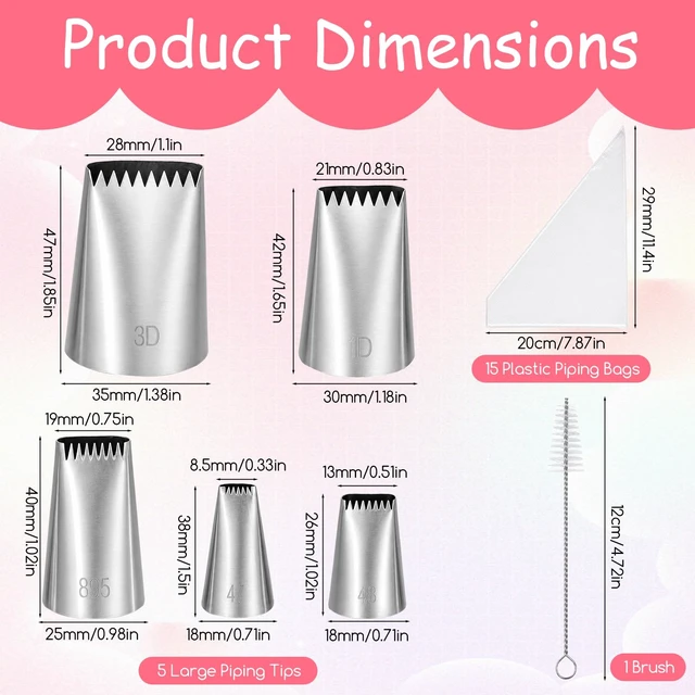 Alt view image 4 of 7 - 21PCS Extra Large Piping Tips and Bags Set, Frosting Piping Kit | Stainless Steel Jumbo Frosting Nozzles with 15 Disposable Pastry Bags for Churros Cupcake Cake Decorating