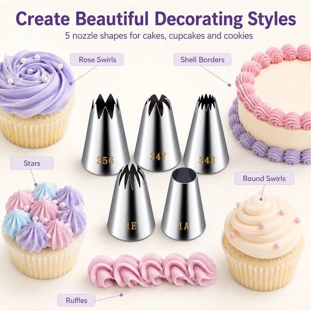 Alt view image 4 of 6 - Large Piping Tips 5 Pieces,Stainless Steel Cake Decorating Nozzle Set | 1A 1E 356 347 348 Piping Tips For Cakes,Cupcakes,Cookies