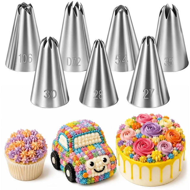 Main image of Large Piping Tips Set French Star Tube Frosting Nozzle Kit | Open Star Piping Tips Set Stainless Steel Stars Pastry Tips Cake Decorating Tip for Cupcakes Cake Cookies Decorating