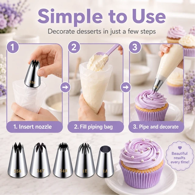 Alt view image 3 of 6 - Large Piping Tips 5 Pieces,Stainless Steel Cake Decorating Nozzle Set | 1A 1E 356 347 348 Piping Tips For Cakes,Cupcakes,Cookies