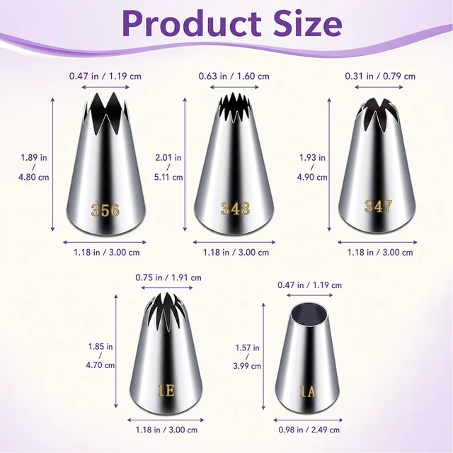 Alt view image 2 of 6 - Large Piping Tips 5 Pieces,Stainless Steel Cake Decorating Nozzle Set | 1A 1E 356 347 348 Piping Tips For Cakes,Cupcakes,Cookies