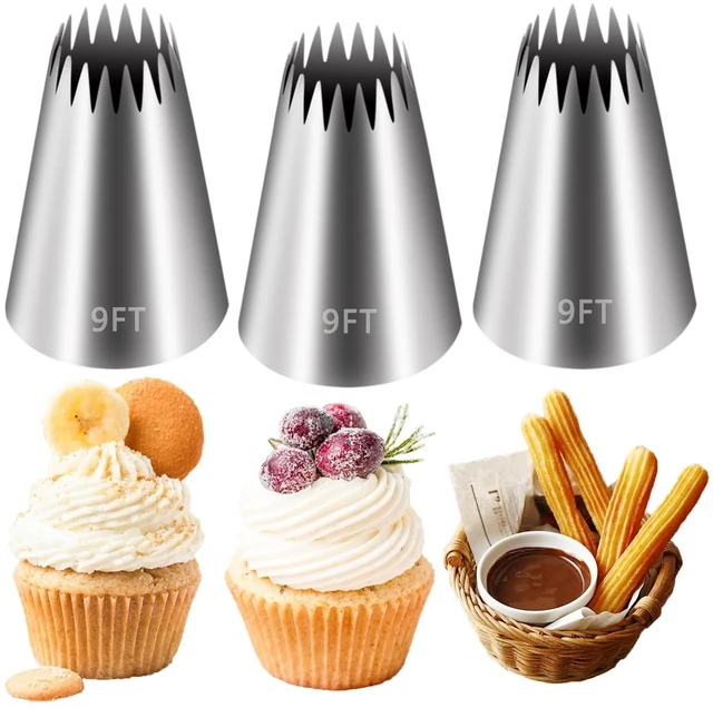 Main image of 9FT Large Piping Tips, 3 Pieces | Cake Decorating, Frosting Piping Kit, Churro Maker, For Cupcake Cookie