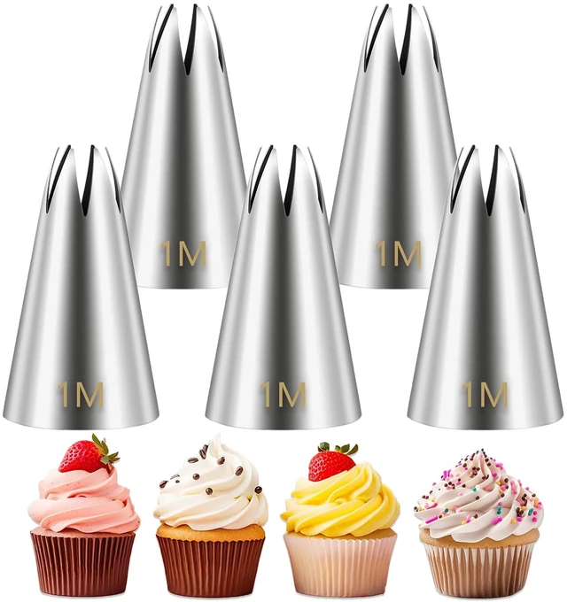 Main image of 1M Piping Tips Set, 5-Piece Large Star Cake Decorating Tips | 5 Matching 1M Large Star Tips for Swirls, Rosettes, Shells and Borders on Cakes, Cupcakes and Cookies