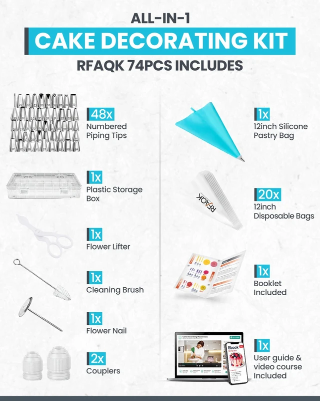 Alt view image 7 of 7 - 74PCs Icing Piping Bags and Tips Set, Cake Decorating Kit with 48-Numbered Piping Tips, 12inch Anti Burst Pastry Bags, Booklet, E-book & Complete Video Course for Cookie Cupcake Cake Decoration