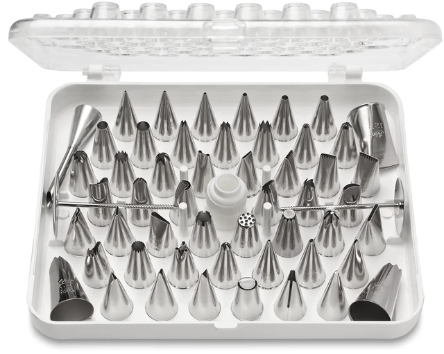 Main image of 783-55 Piece Cake Decorating Set, Includes 52 Stainless Steel Tubes, 1 Standard Coupler, 2 Flower Nails in Hinged Storage Box
