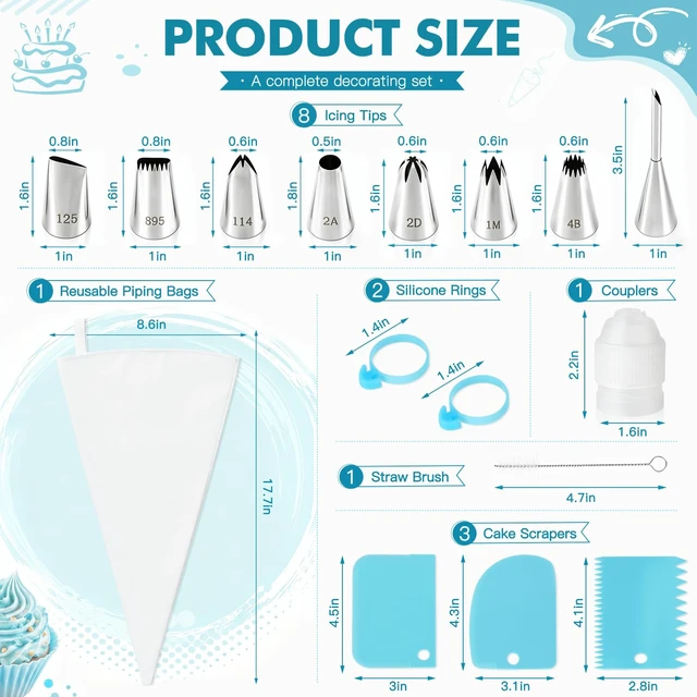 Alt view image 2 of 7 - 8PCS Large Piping Tips Set, Piping Bags and Tips Set, 304 Stainless Steel Cake Decorating Tips with Reusable Piping Bag, Cake Decorating Kit for Cookie, Cupcake, Cake Decoration