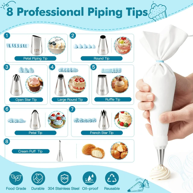 Alt view image 3 of 7 - 8PCS Large Piping Tips Set, Piping Bags and Tips Set, 304 Stainless Steel Cake Decorating Tips with Reusable Piping Bag, Cake Decorating Kit for Cookie, Cupcake, Cake Decoration