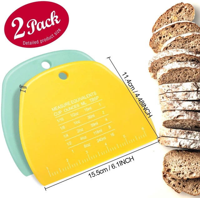 Alt view image 2 of 7 - 2 Pieces Dough Cutter, Bench Scraper Plastic, Sourdough Scraper, Dough Scraper with Measuring Scale, Multipurpose Food Scrapers for Dough, Cake, Bread, Icing Yellow and Green