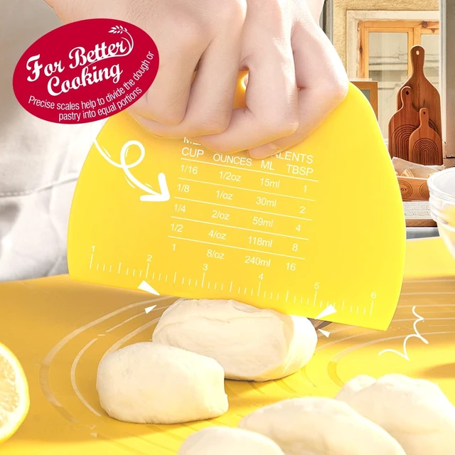 Alt view image 3 of 7 - 2 Pieces Dough Cutter, Bench Scraper Plastic, Sourdough Scraper, Dough Scraper with Measuring Scale, Multipurpose Food Scrapers for Dough, Cake, Bread, Icing Yellow and Green