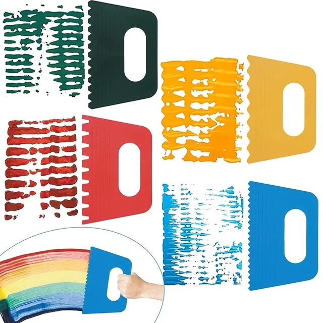 Alt view image 7 of 7 - 7 Piece Plastic Paint Scraper Tool Set for Texture Art | Color Coded Shapes; Flexible Polypropylene; Palette Knife Edges; Hanging Hole Storage; for Paint, Clay, Plaster and Cream