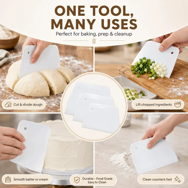Alt view image 6 of 7 - 3 Piece Plastic Dough Scraper, Food Grade Trapezoidal Bread Scraper Bowl Scraper Set Multipurpose Kitchen Food Scraper for Bread Cake Fondant Icing Cream Pizza Making Size L M S
