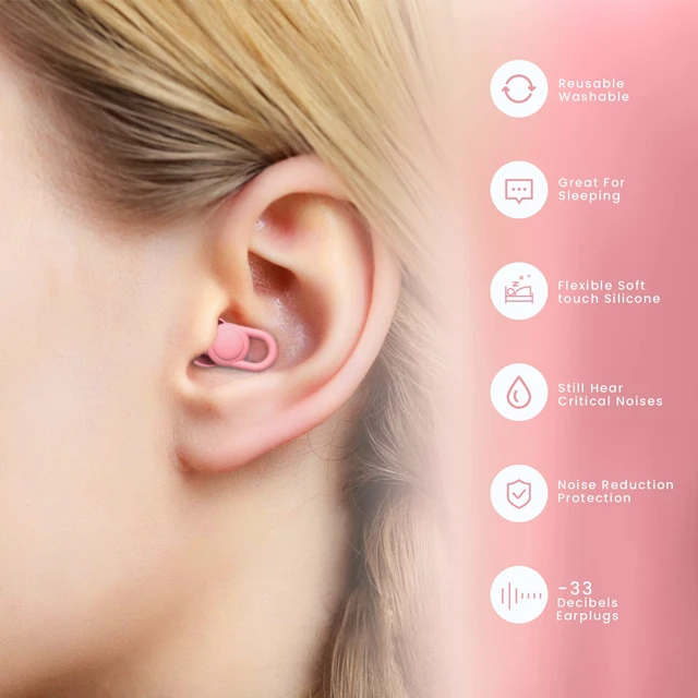 Alt view image 4 of 7 - Silicone Reusable Soft Comfortable Earplugs for Sleeping, Flights & Noise Sensitivity - 16 Ear Tips in XS/S/M/L, with 2 Travel Boxes - 33dB Noise Cancelling (Pink)