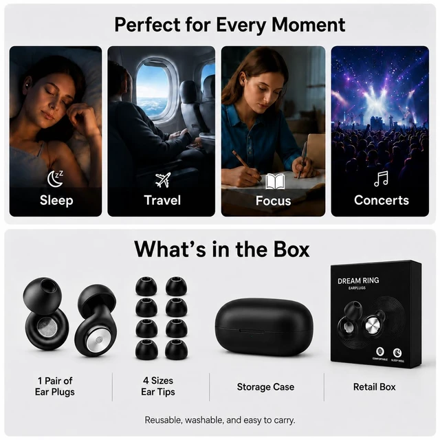 Alt view image 5 of 7 - 48dB Ear Plugs for Sleeping, Silicone Earplugs for Snoring & Side Sleepers, Acoustic Filter, 8 Eartips, Reusable Design for Sleep, Travel, Concerts & FocusBlack