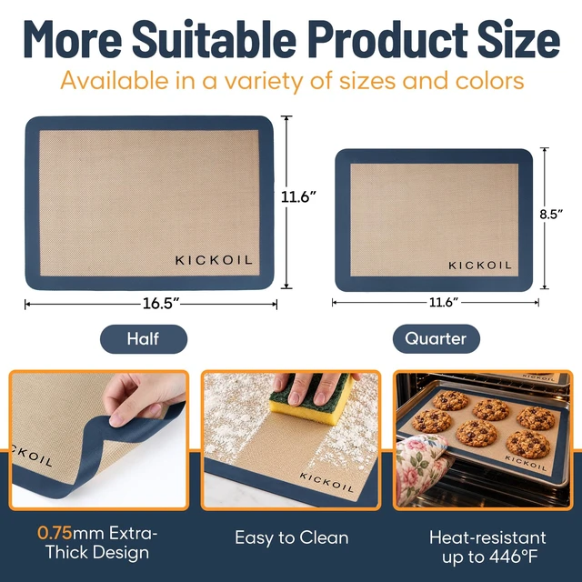 Alt view image 2 of 6 - Silicone Baking Mats Set of 3, Non-Stick Reusable BPA-Free Oven Liners | Non Slip Silicone Baking Sheet for Cookies, Macarons, Bread and Pastry, Dishwasher Safe, 11.6'' x 8.5''(Quarter)
