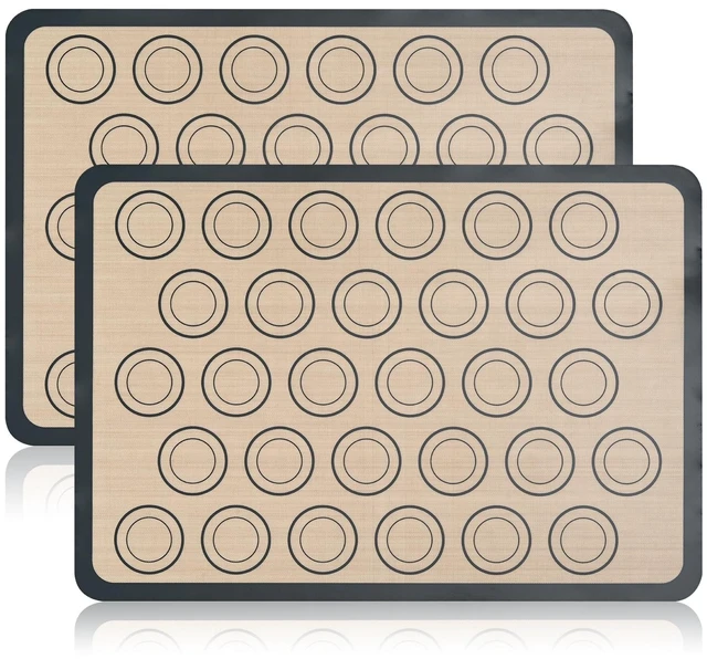 Main image of Macaron Silicone Baking Mats, 2 Pack Half Sheet Set, Gray/Beige | Two 16.54 x 11.62 in macaron silicone baking mats feature circles for evenly sized macarons; nonstick half sheet liners.