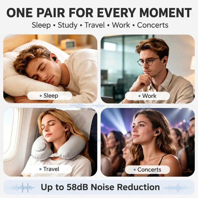 Alt view image 7 of 7 - Ear Plugs for Sleeping, 58dB Noise Reduction, Motorcycle Ear Plugs | Noise cancelling ear plugs for sleeping with dual-mode noise reduction, up to 58 dB for sleep, study, travel & work.