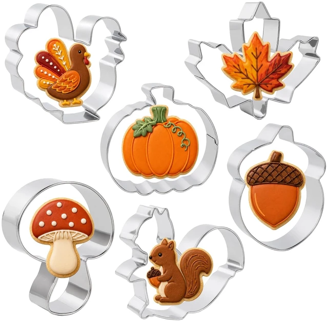 Main image of Fall Thanksgiving Cookie Cutters, 6 PCS Fall Cookie Cutters Stainless Steel | Squirrel Leaf Pumpkin Turkey Acorn Shaped Biscuit Molds,Food Baking Supplies Fall Party Favors Decorations Kit for Kitchen